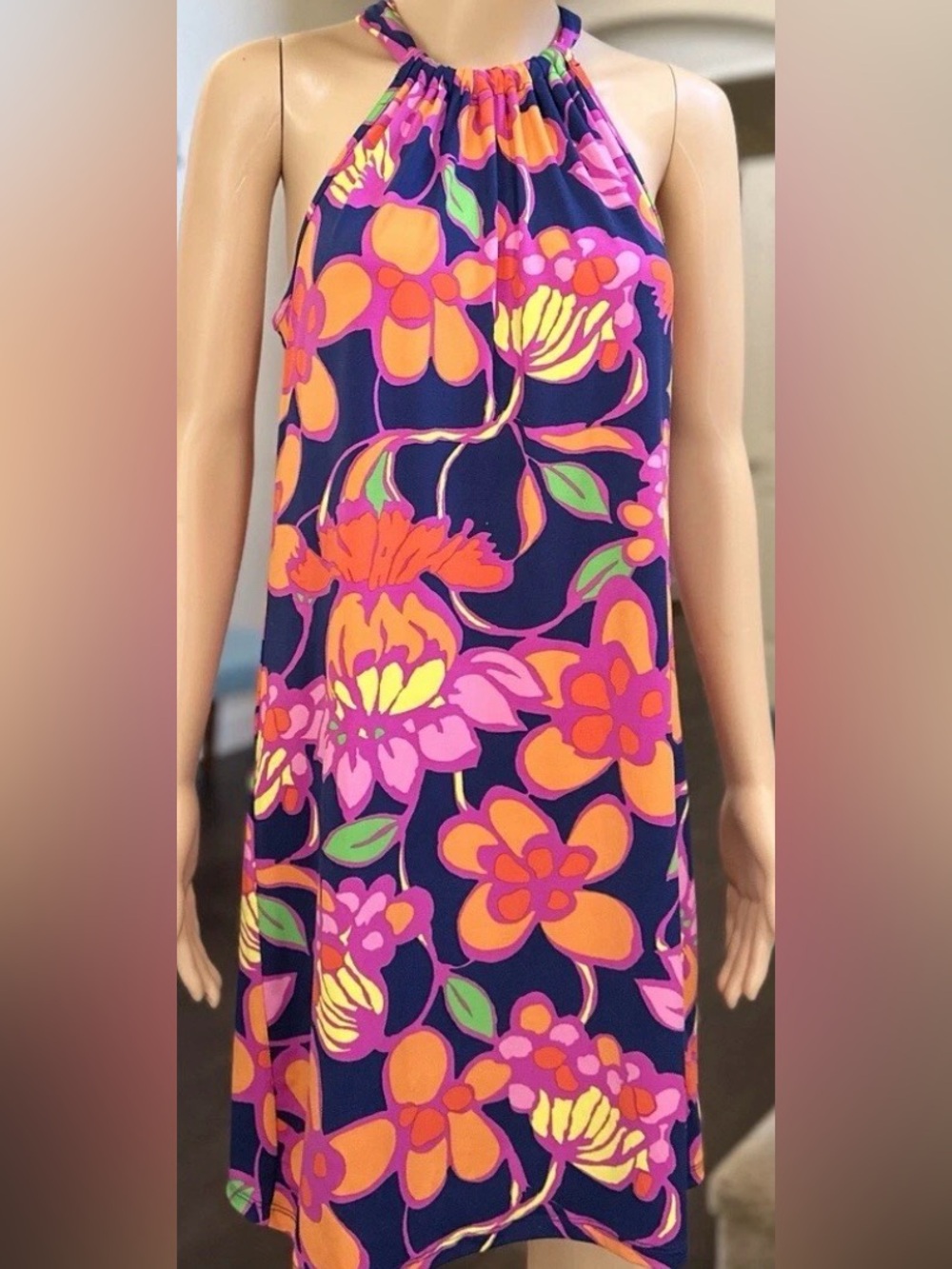 TRINA TURK Dress Retro Floral JuJu Bow Knot Back Halter Sheath Size M Tropical